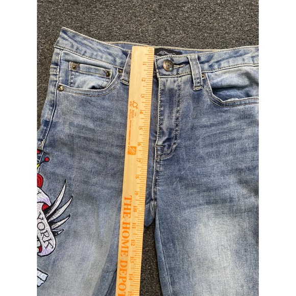 Ed Hardy Flare Blue Jeans Womens 26x32 Tattoo Graphic Embroidered Skull Grunge - Picture 4 of 12